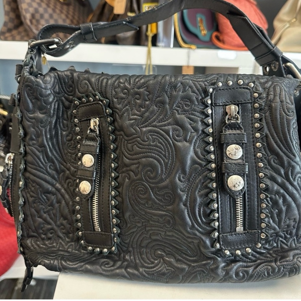 ETRO ⭐️RARE⭐️ Black Tooled /Stamped Leather Handbag w/multi Zippered Pockets